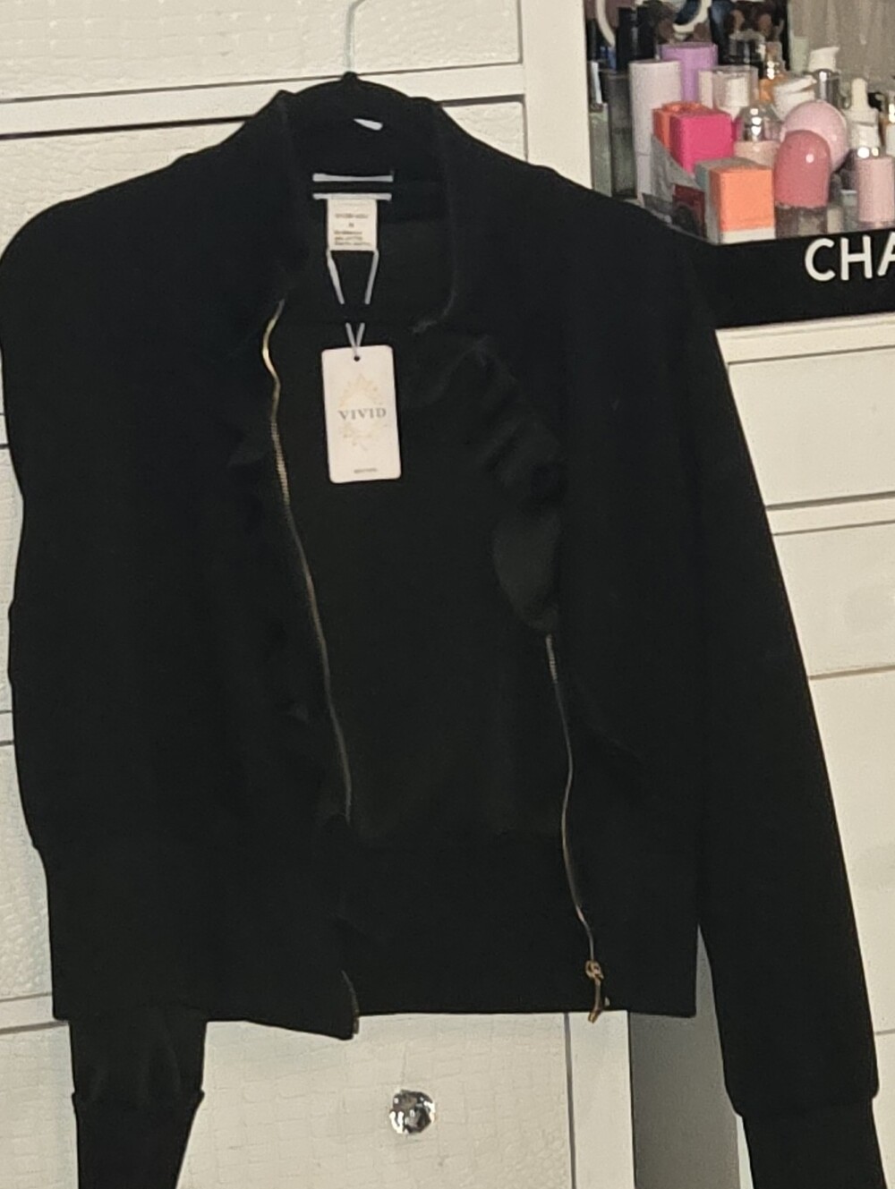 NWT ViViD Black Ruffle Front Bomber Jacket with Gold Zip M